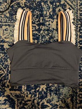 FP Movement by Free People Charcoal Sports Bra with Striped Ruffle Straps